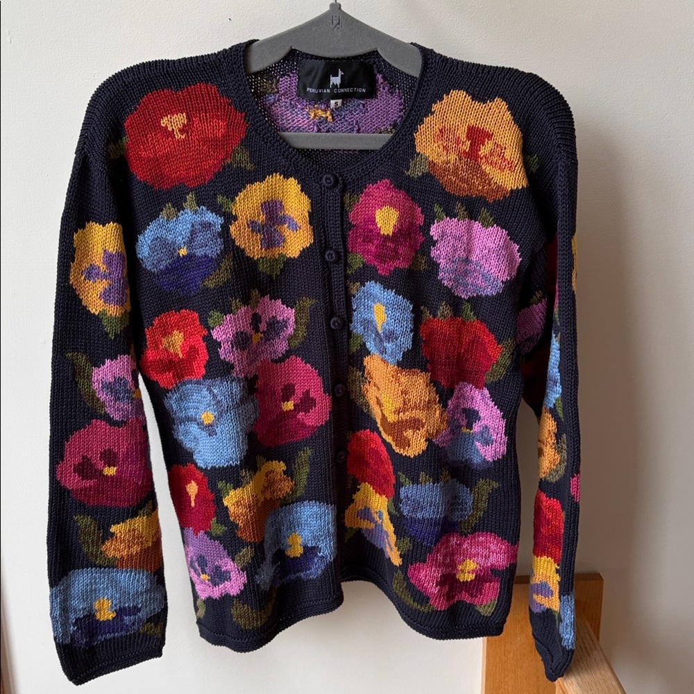 🌺🌼 Peruvian Connection Stunning Allover Floral Intarsia Cardigan Sweater Small